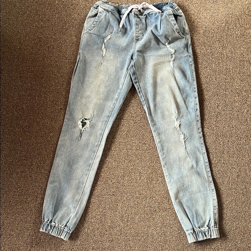 Blue Denim Joggers with Elastic Waistband and Cuffs. Distressed Design NWOT’s